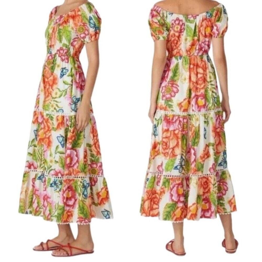 Anthropologie Farm Rio Macie White Floral Tiered Off Shoulder Midi Dress M NEW